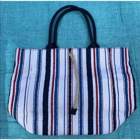 Unbranded Multi Colored Striped Tote Bag Red Interior Black Handles Casual - Picture 2 of 9